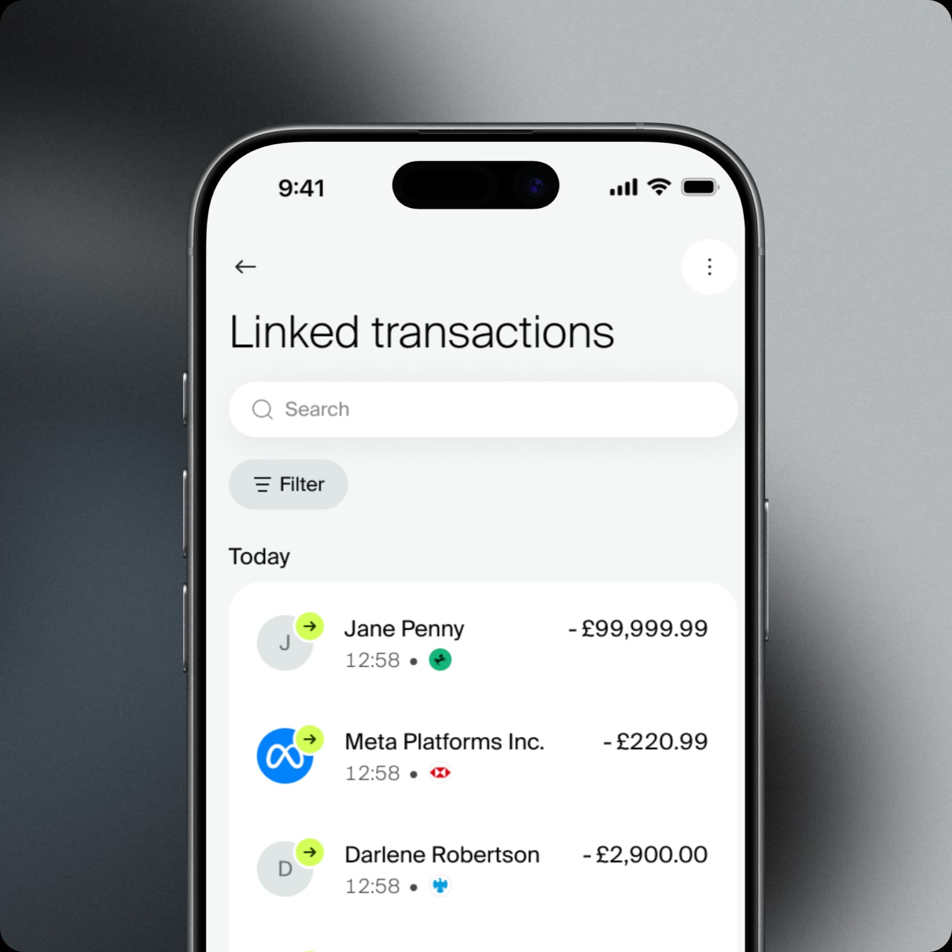 Phone showing Incard linked transactions across Jane Penny, Meta Platforms and Darlene Robertson