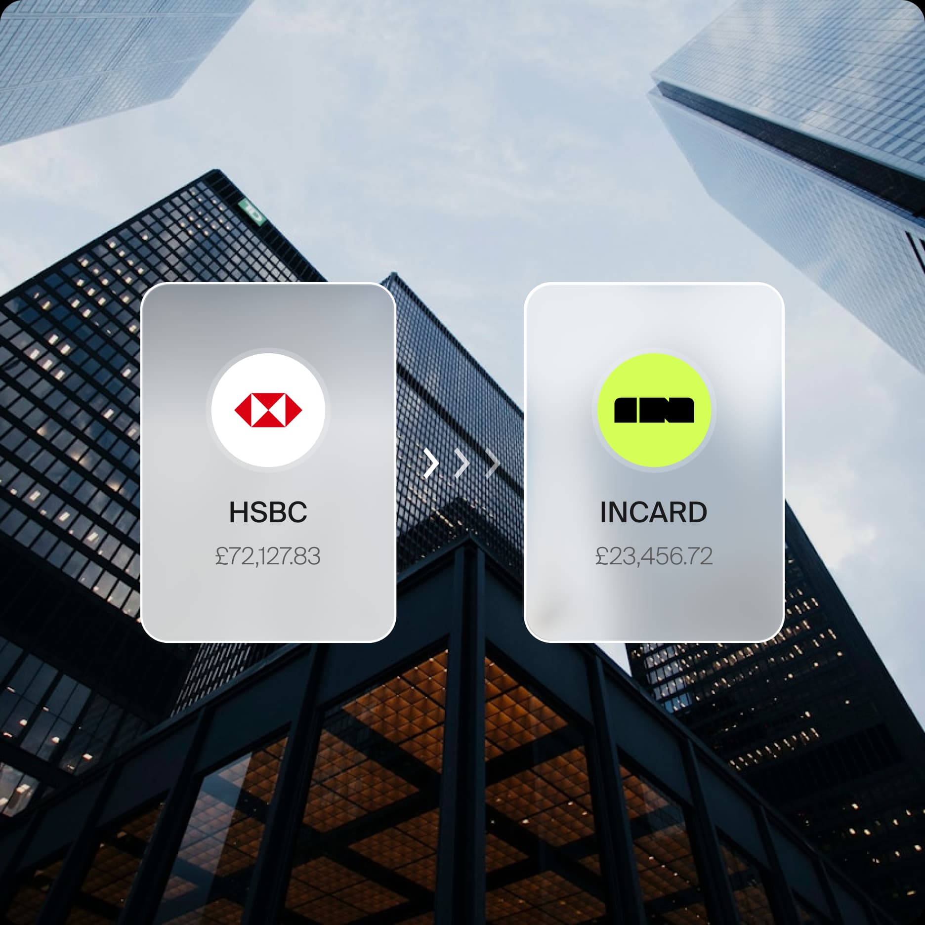 HSBC and Incard account cards over a city skyline