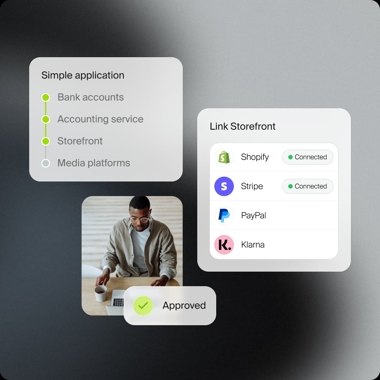 Simple application checklist with linked storefront accounts and an approved badge