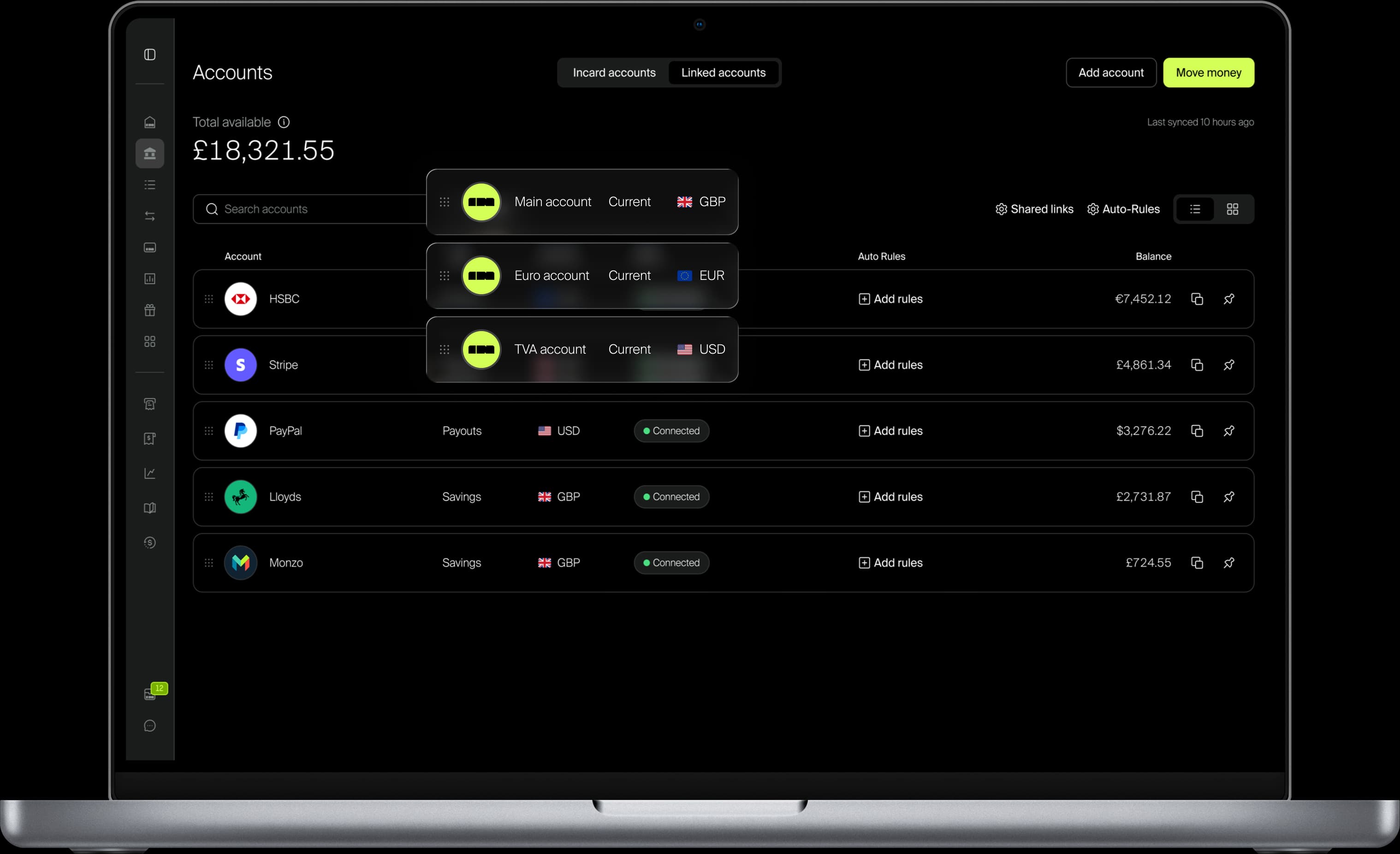 Incard connected banking dashboard with linked accounts across HSBC, Stripe, PayPal, Lloyds and Monzo